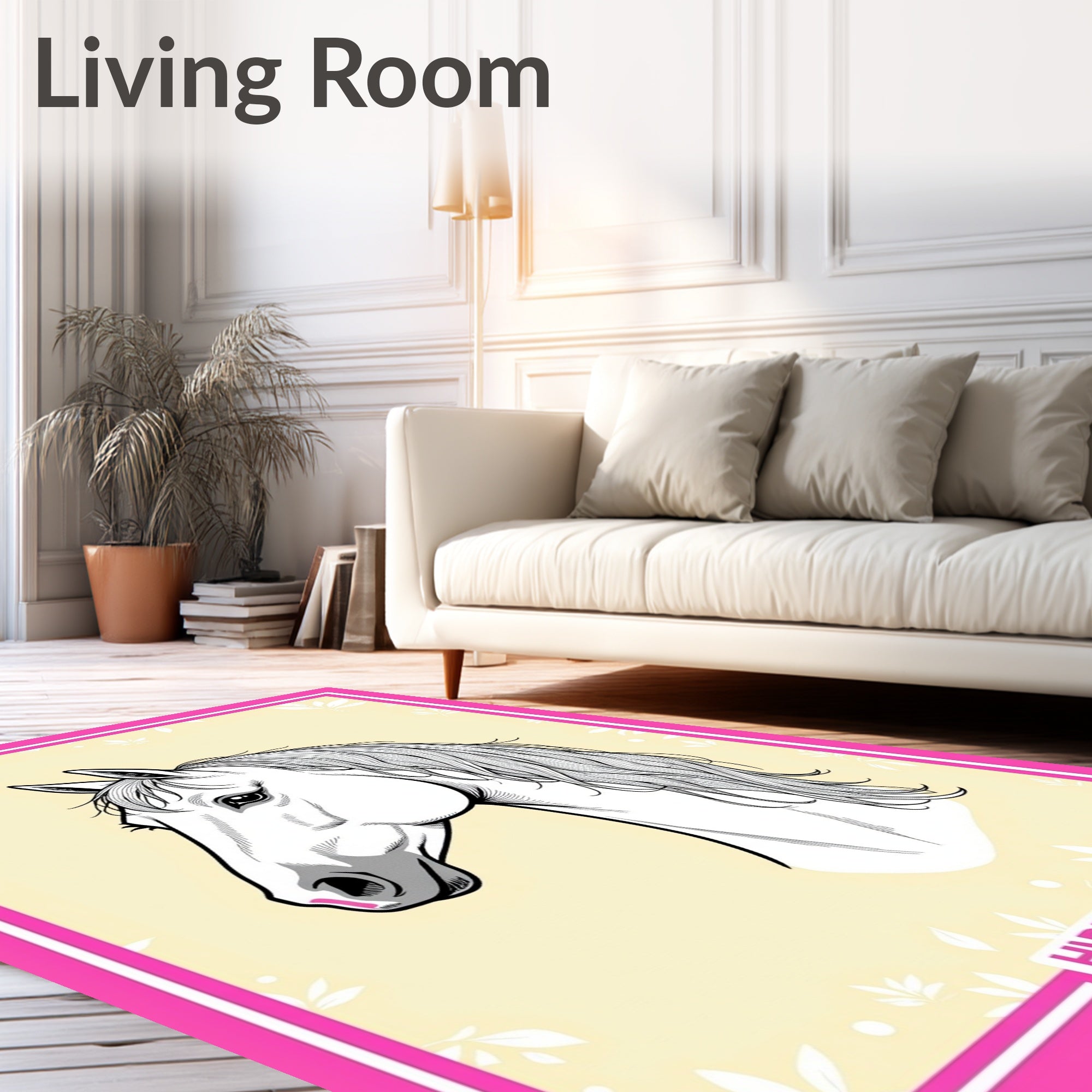 Elegant White Horse Botanical Frame Rug