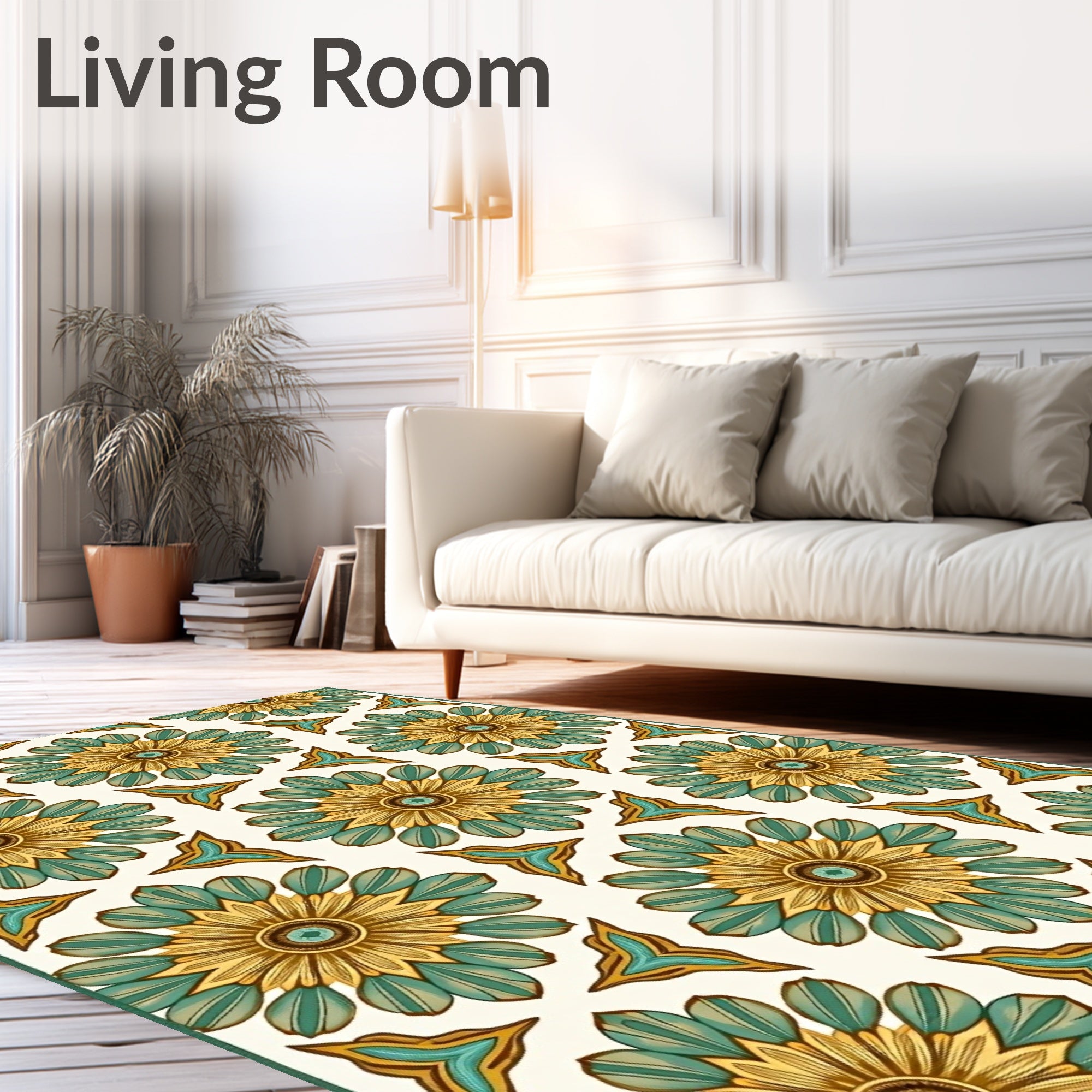 Golden Teal Floral Medallion Rug