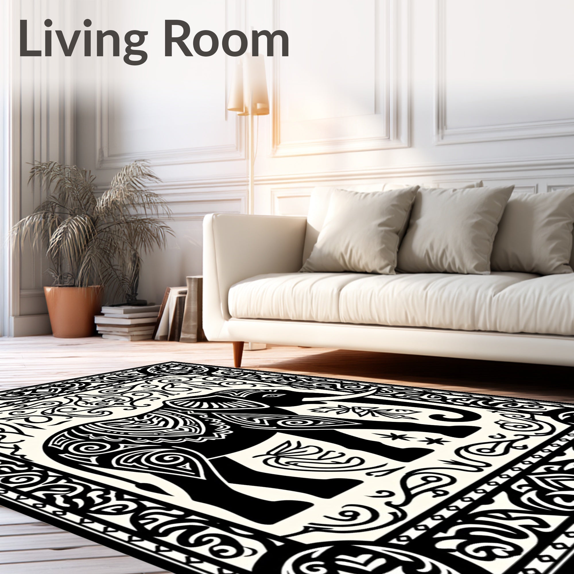 Black Ivory Ornate Elephant Panel Rug