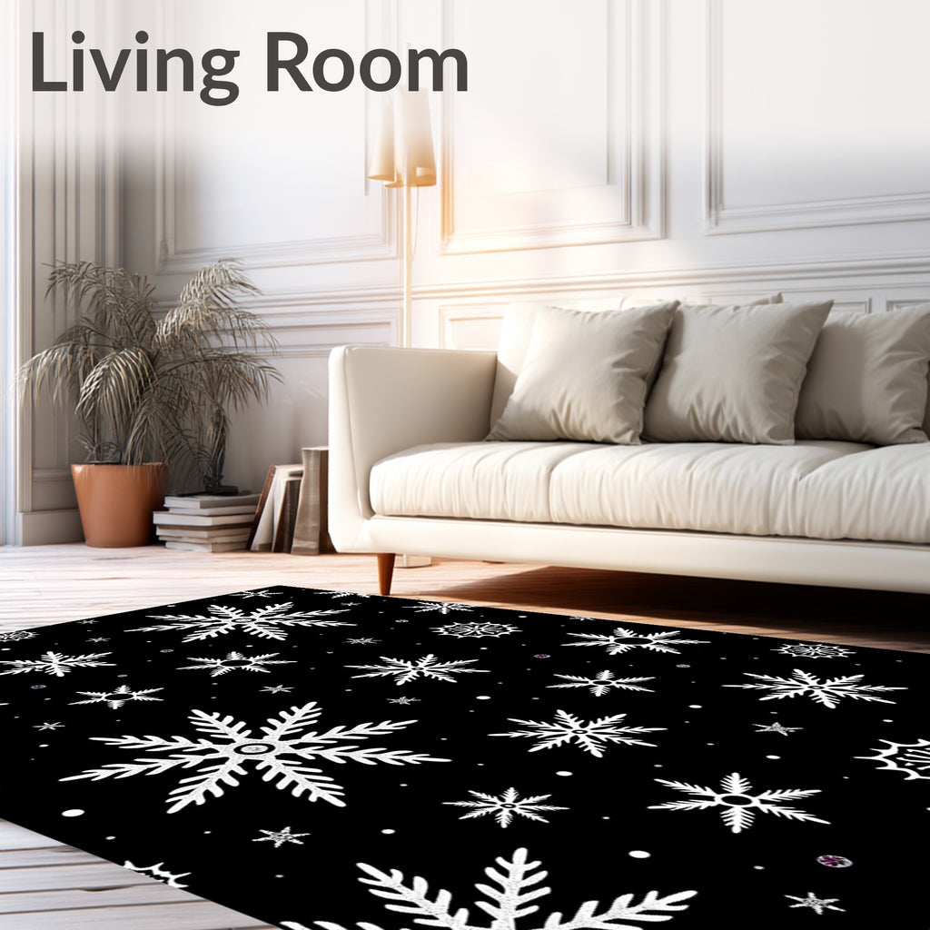 Black White Snowflake Winter Scene Rug