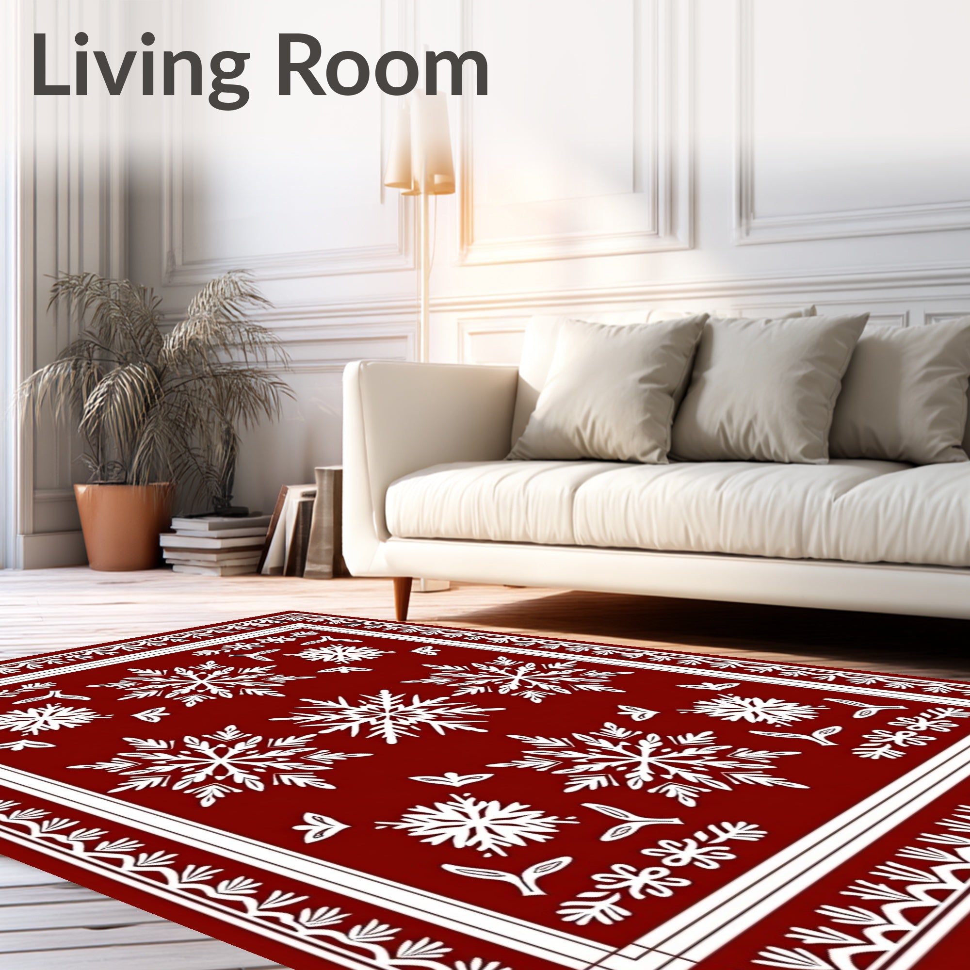 Crimson White Snowflake Festive Border Rug