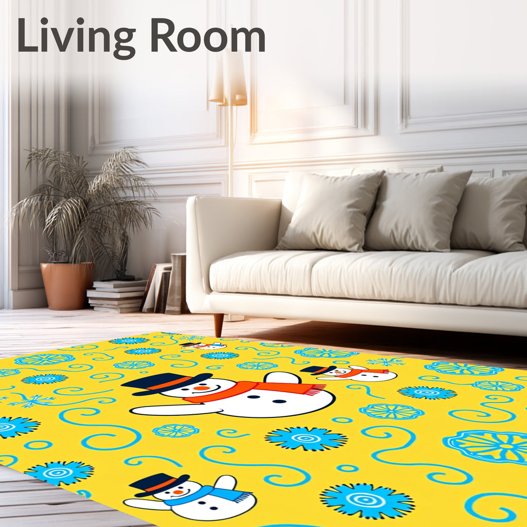 Cheery yellow snowman with blue snowflakes Rug