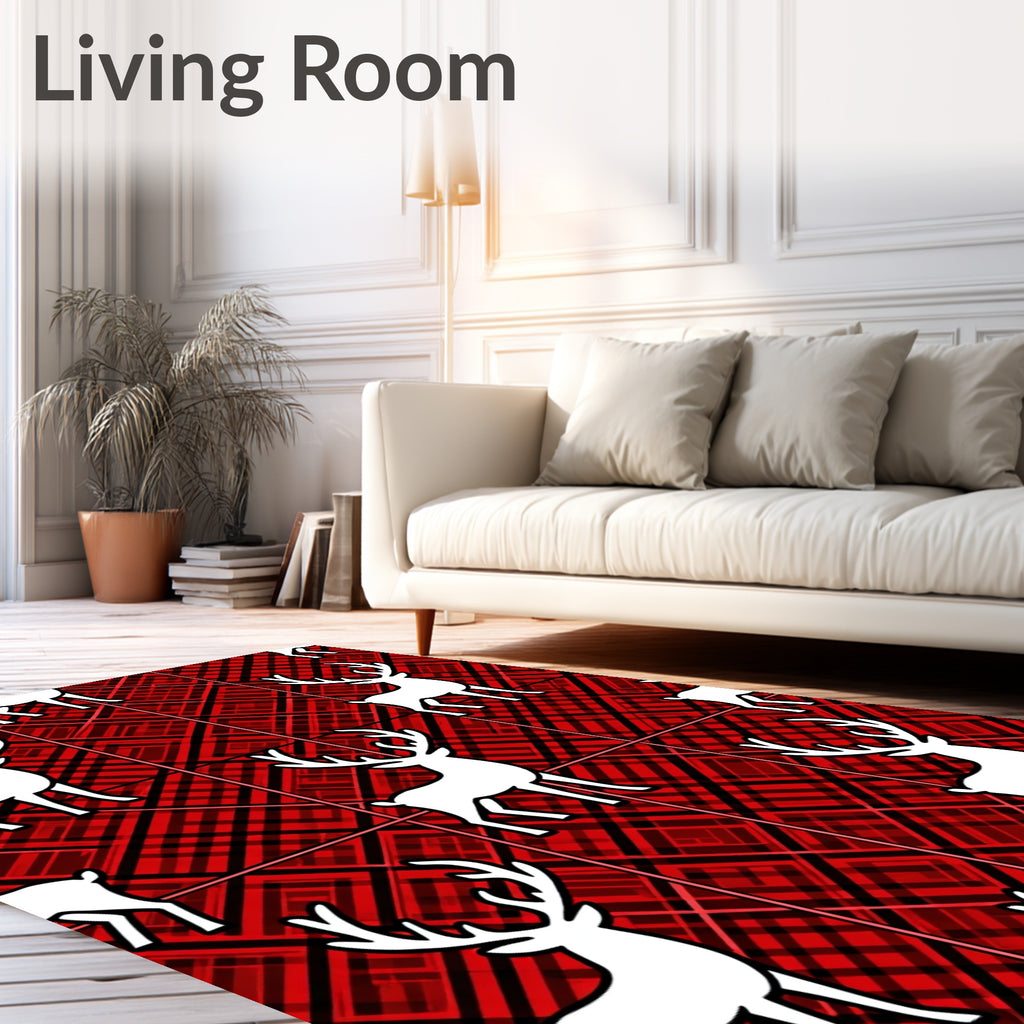 Red Plaid White Deer Silhouette Rug