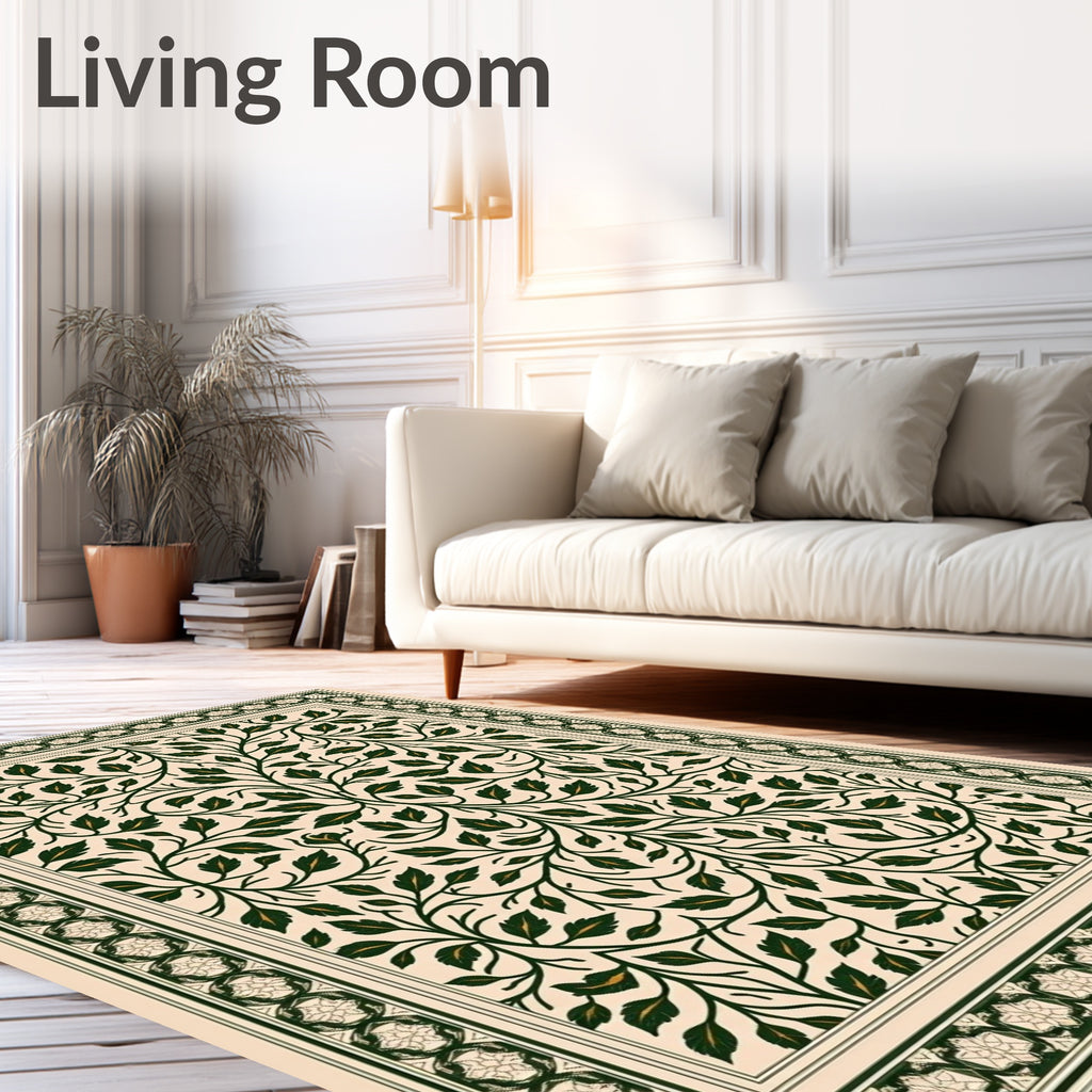 Dark Green Leaf Vine Intricate Border Rug