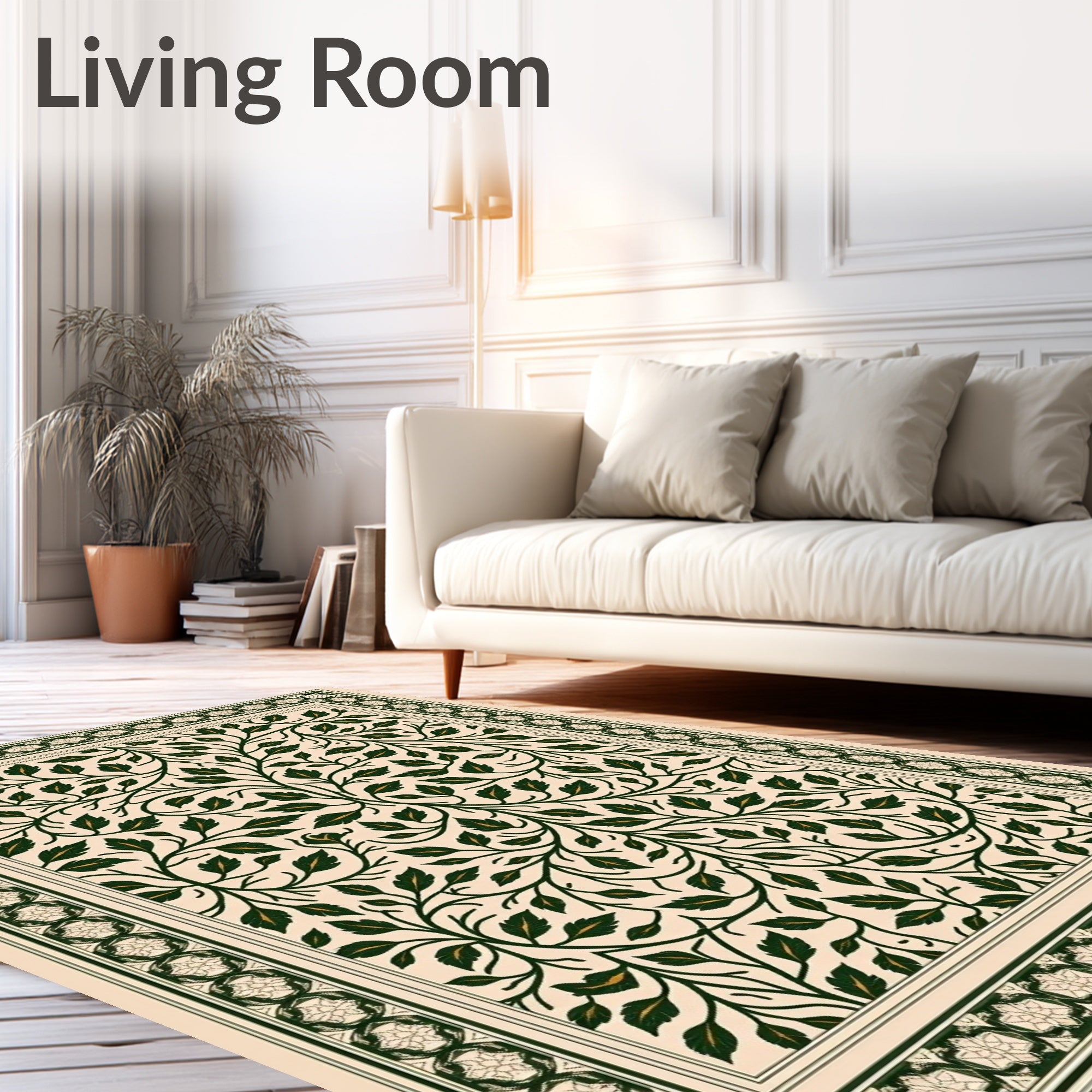 Dark Green Leaf Vine Intricate Border Rug