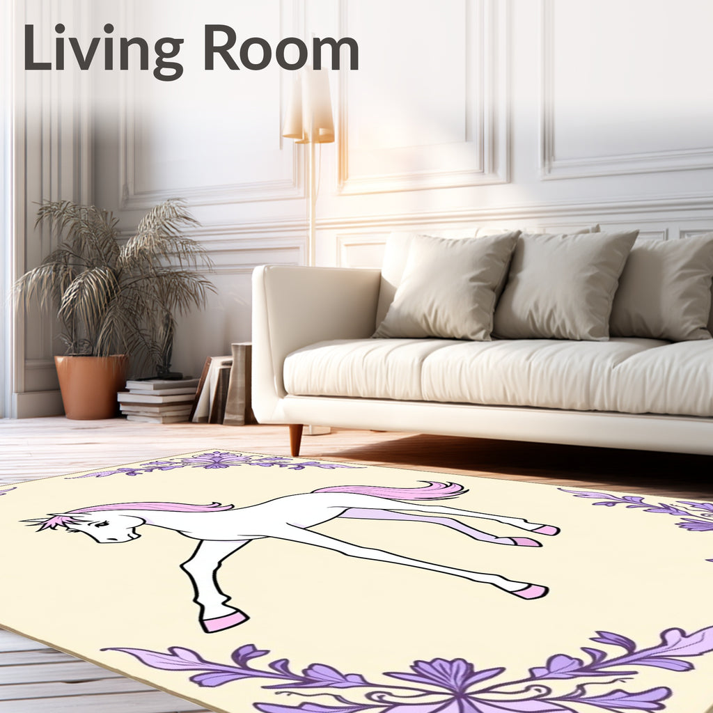 Whimsical White Horse Lavender Floral Frame Rug