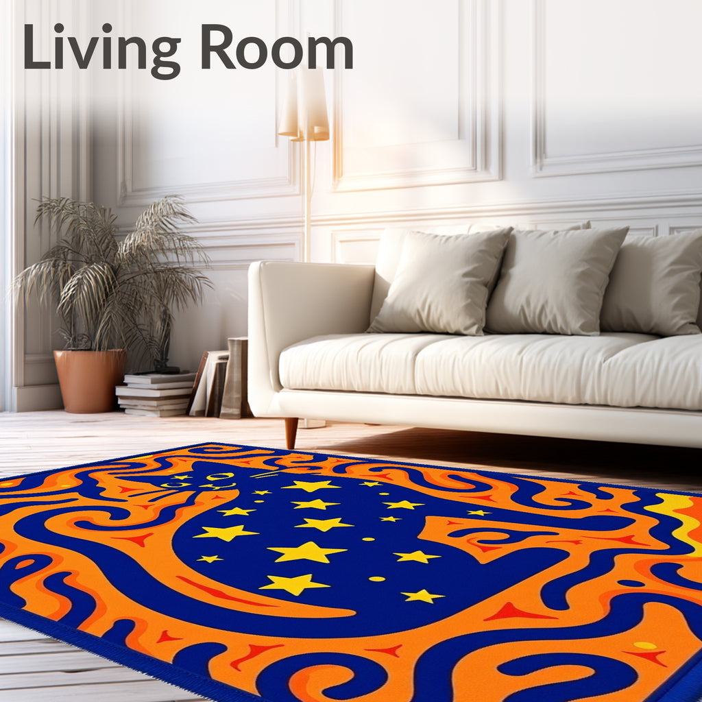 Cosmic Blue Starry Cat Swirls Rug