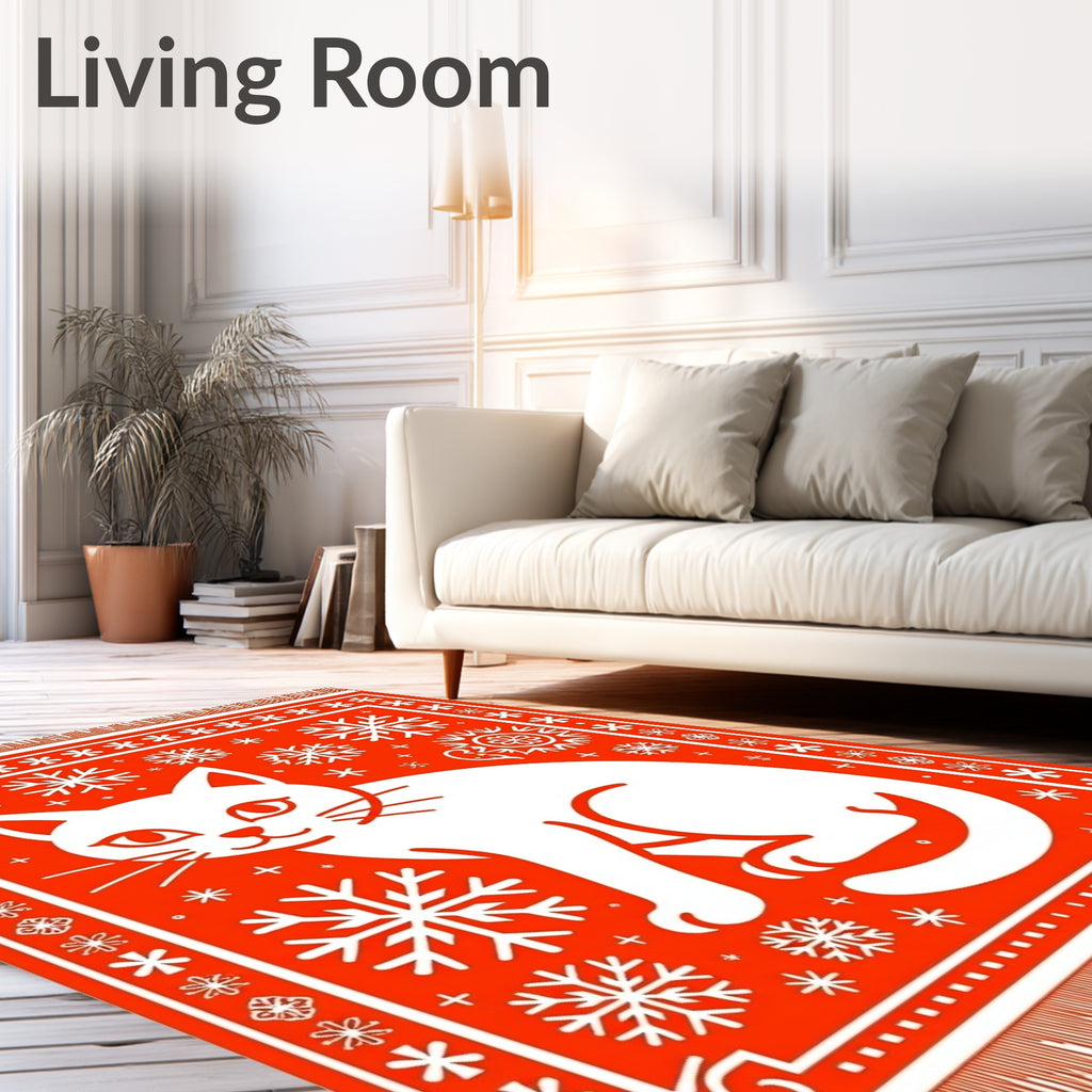 Red White Cat Snowflake Festive Rug
