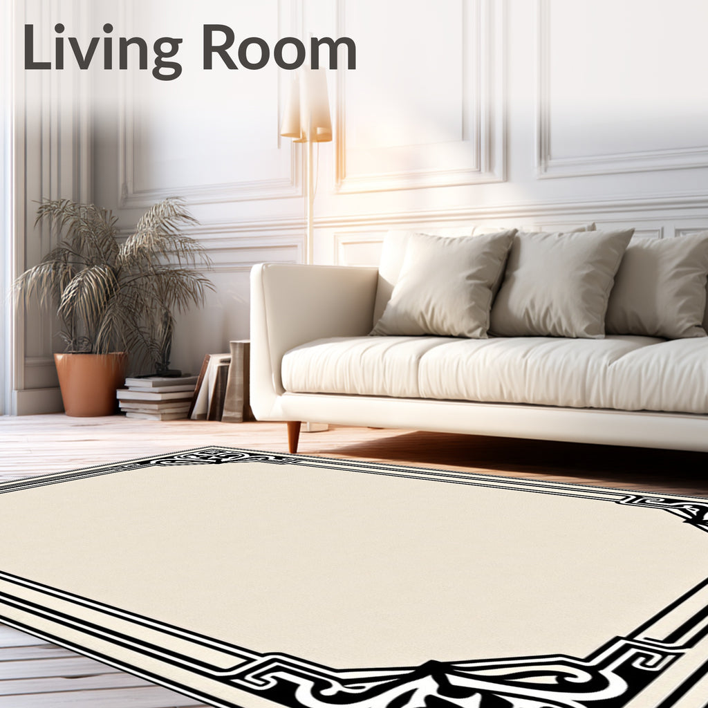 Ivory Black Ornamental Scroll Border Rug