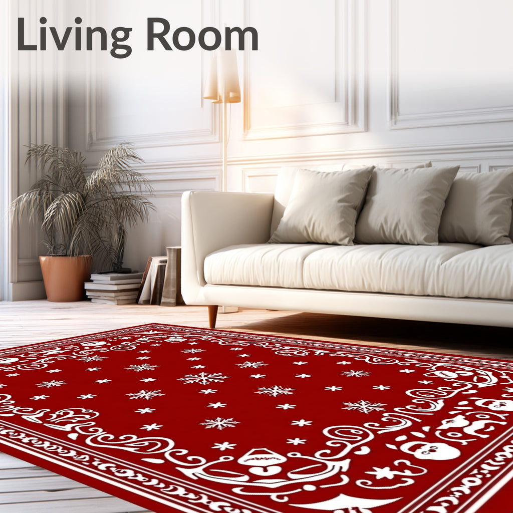 Crimson White Snowflake Festive Border Rug