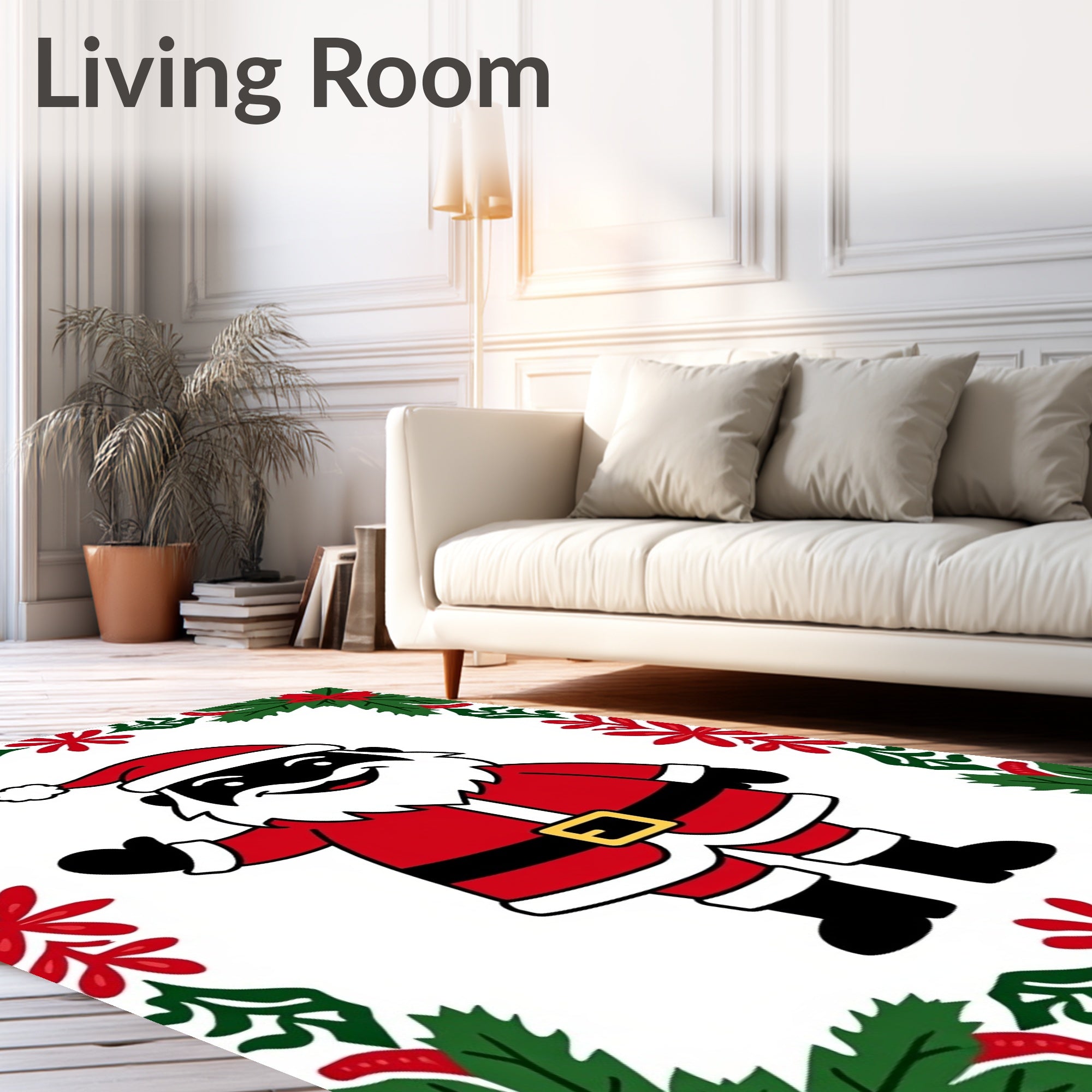 Jolly Red Santa Christmas Holly Frame Rug