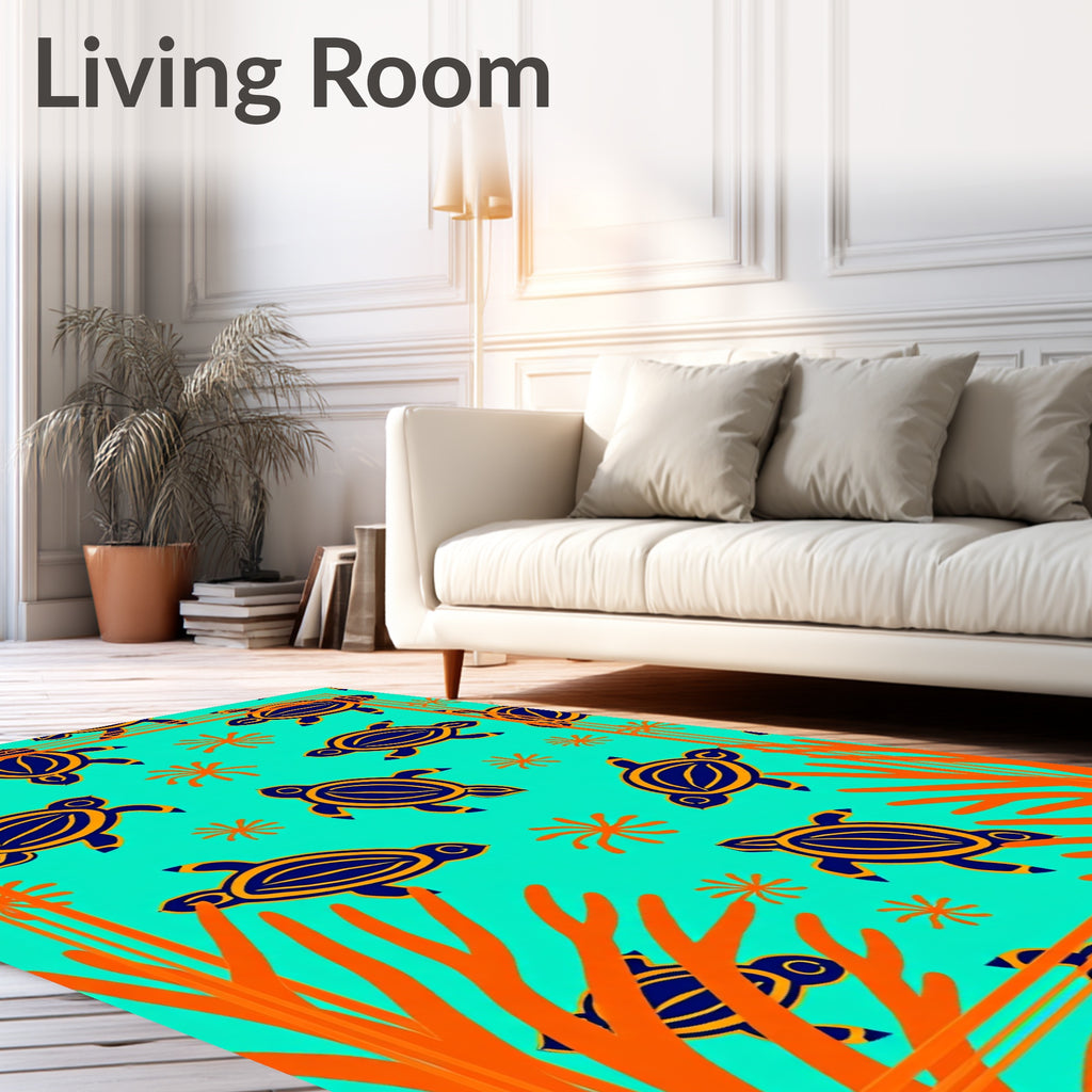 Turquoise Turtle Coral Abstract Border Rug