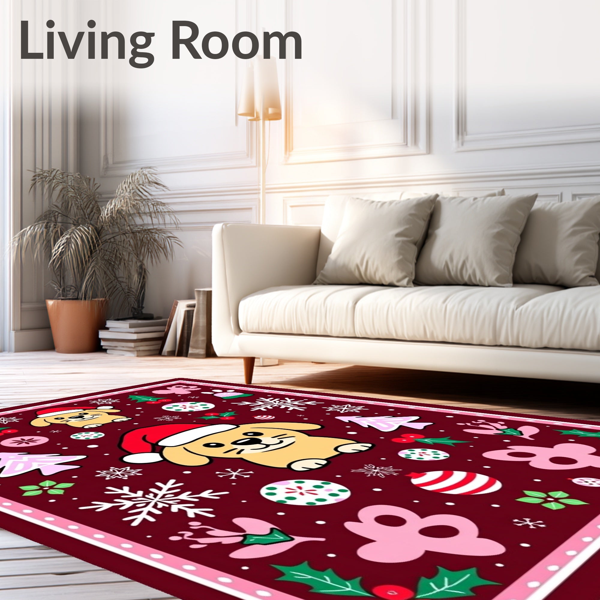 Christmas Puppies Winter Berry Snowflakes Rug