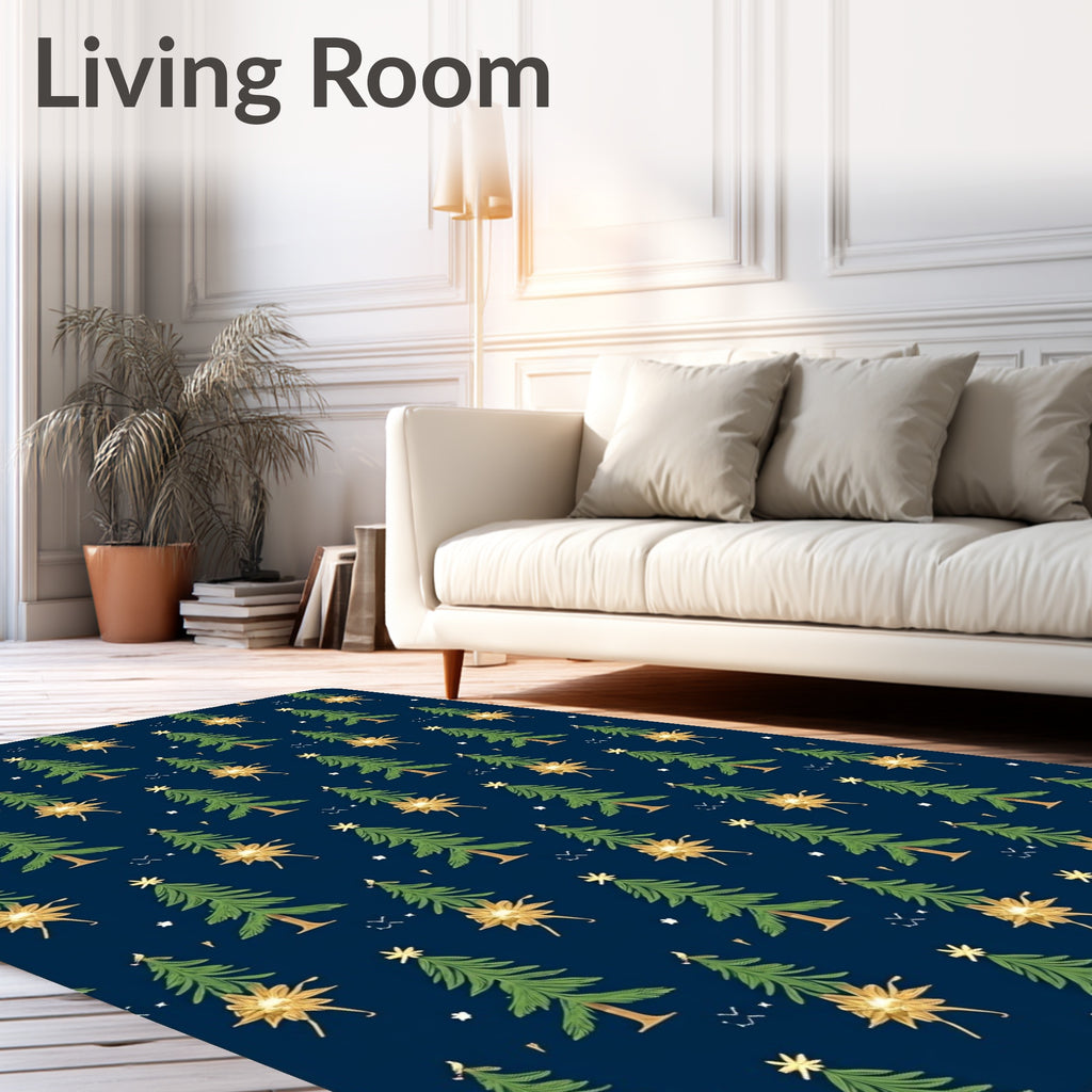 Festive Green Christmas Trees Gold Stars Rug