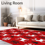 Red White Christmas Reindeer Snowflake Trees Rug