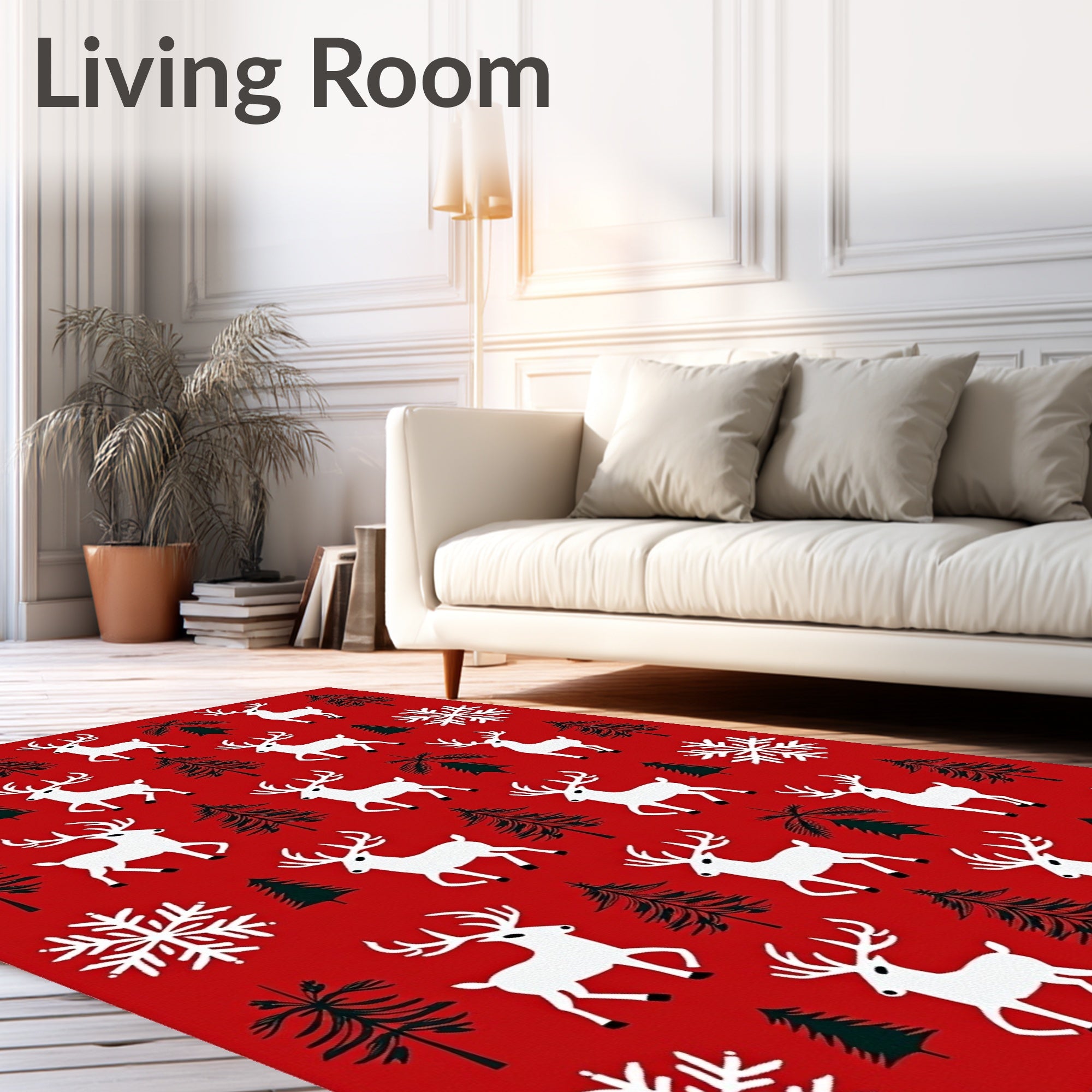 Red White Christmas Reindeer Snowflake Trees Rug