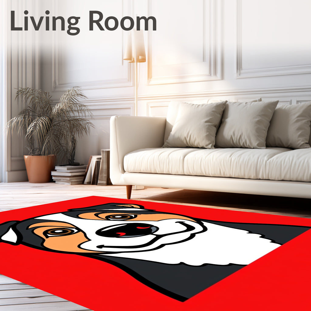 Happy Tri-Color Dog Portrait Bright Red Rug