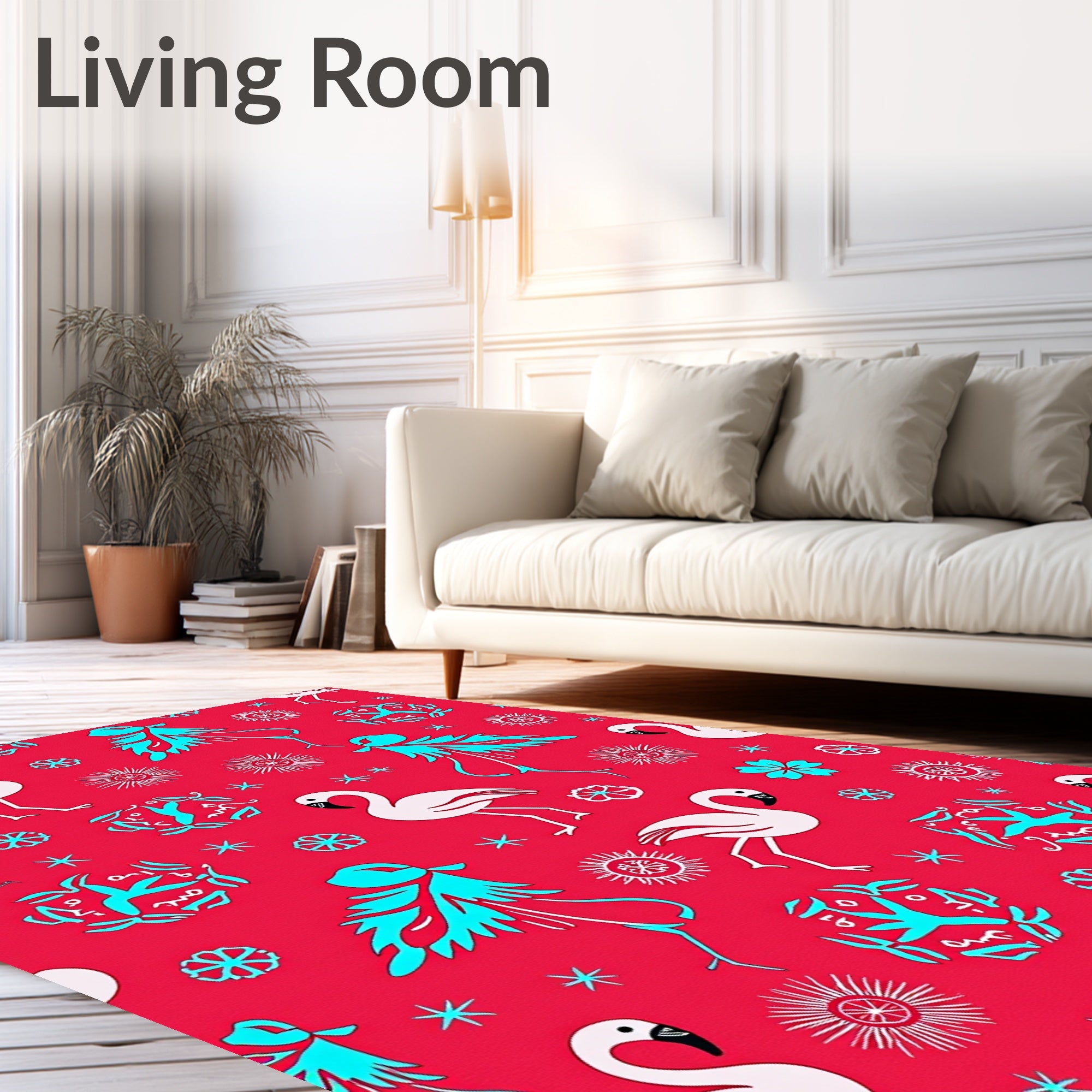 Red White Teal Flamingo Starburst Collage Rug