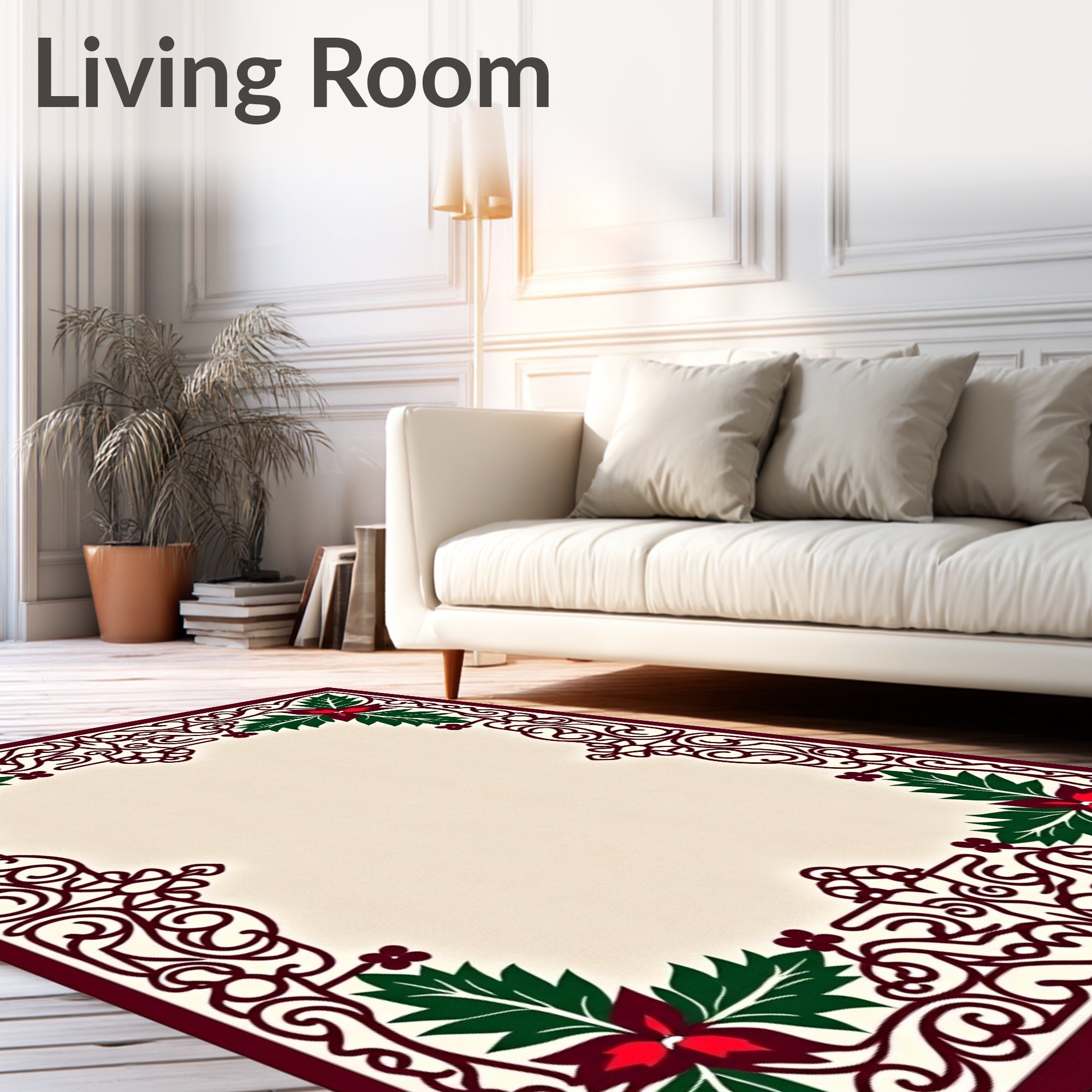 Crimson Poinsettia Scroll Border Rug