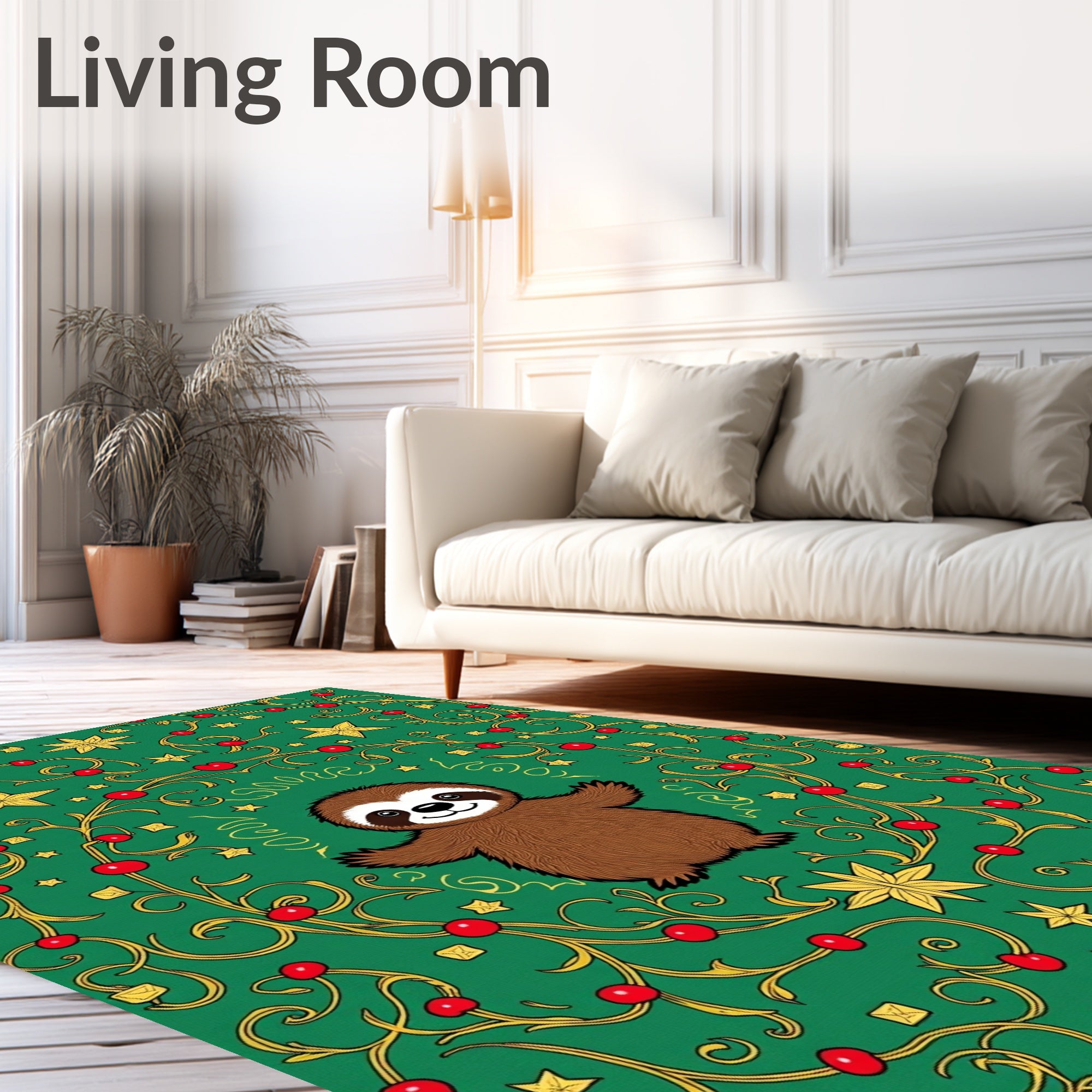 Green Sloth Cherries Gold Stars Border Rug