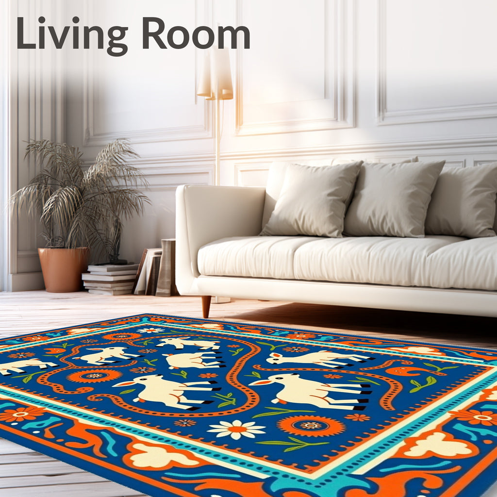 Playful White Lambs Blue Floral Border Rug