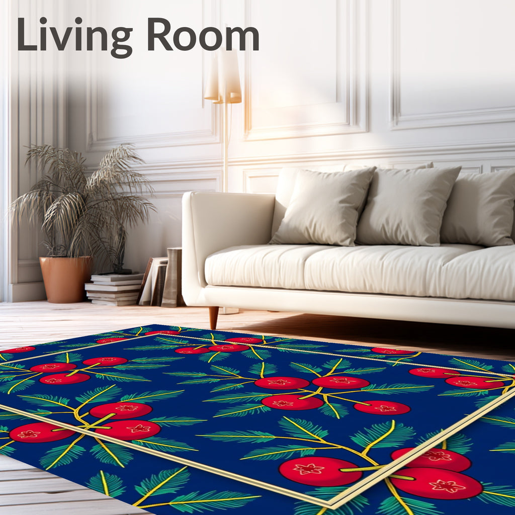 Red Berry Branches Blue Background Rug