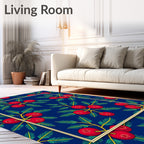 Red Berry Branches Blue Background Rug