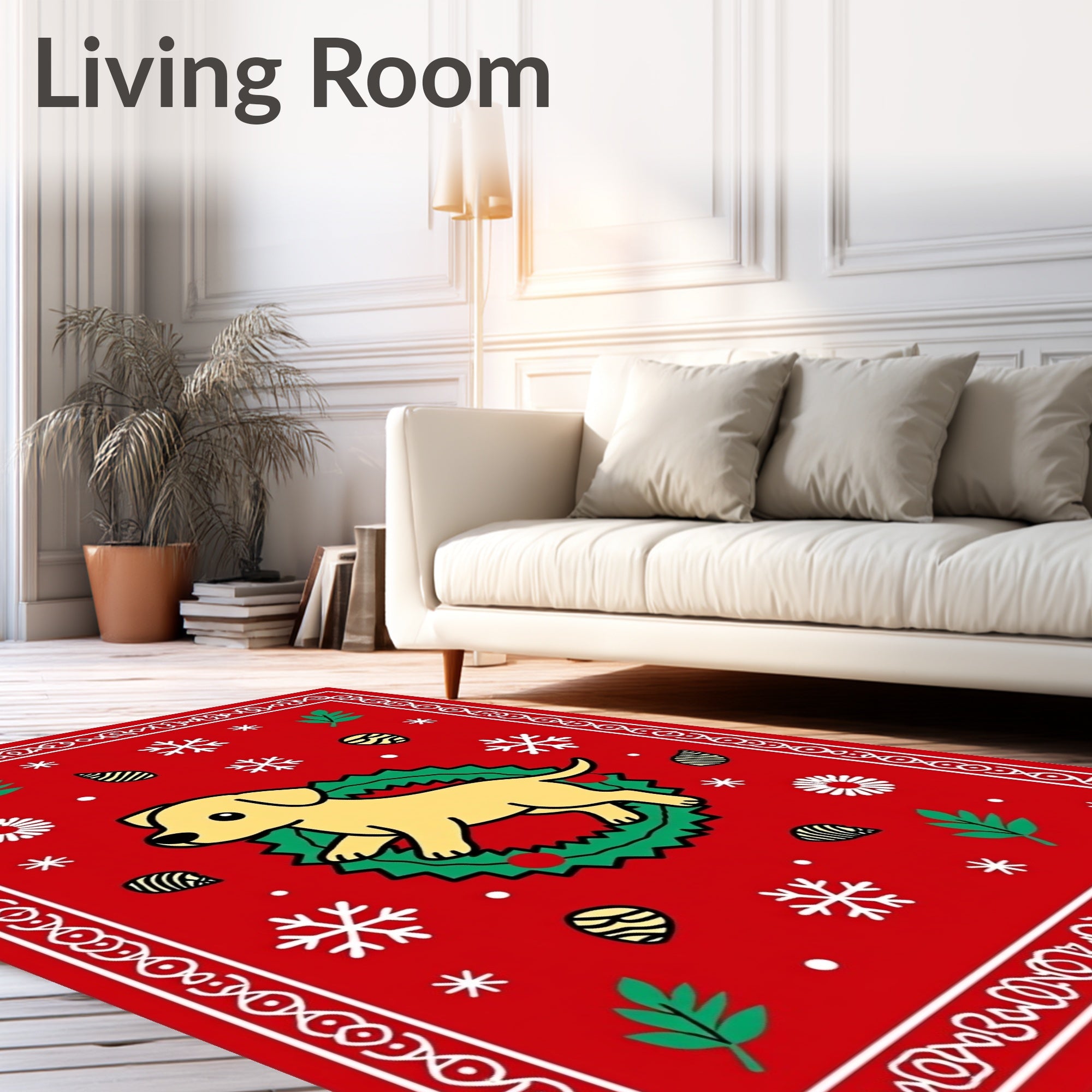 Golden Puppy Wreath Christmas Red Rug