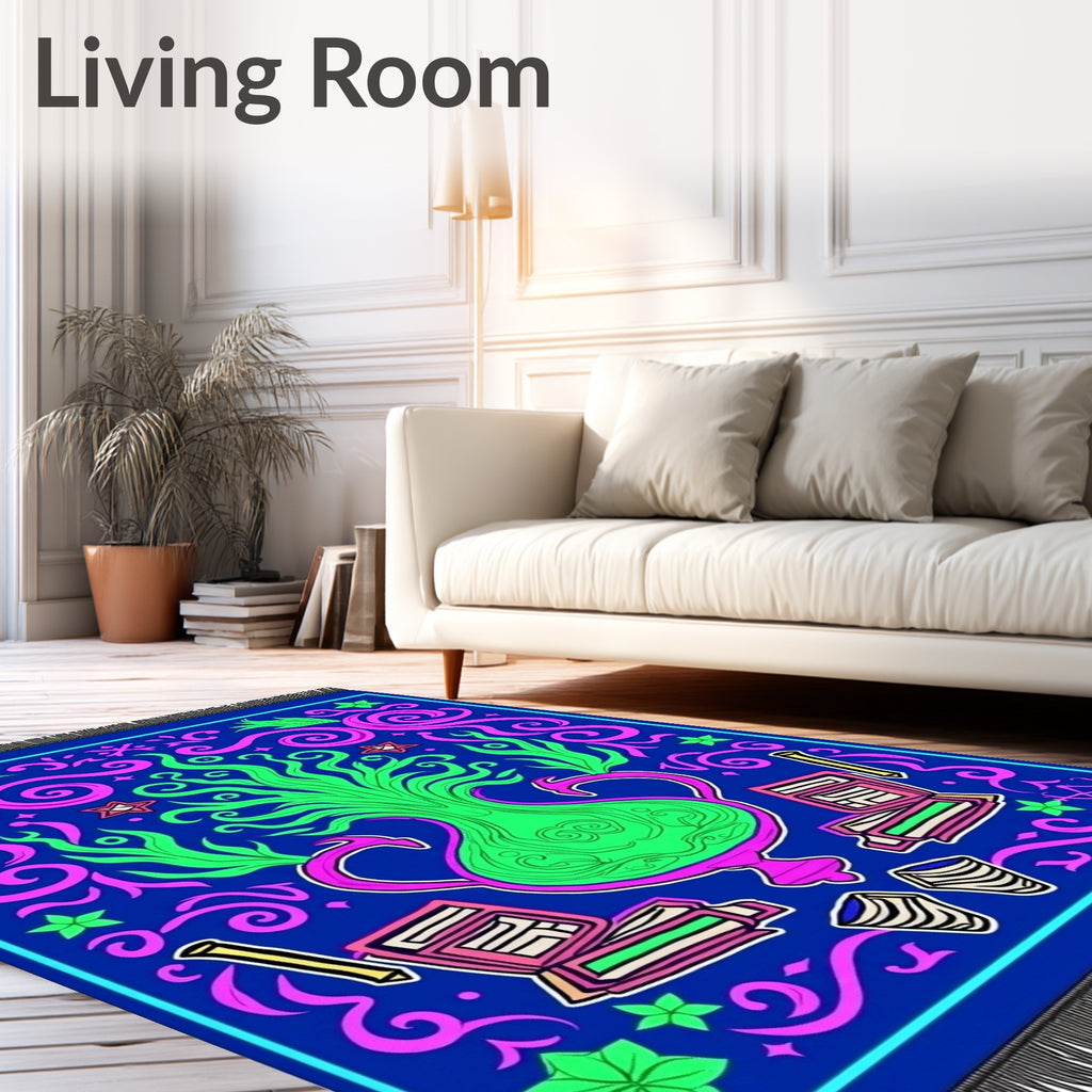 Vibrant Blue Pink Green Floral Vase Rug