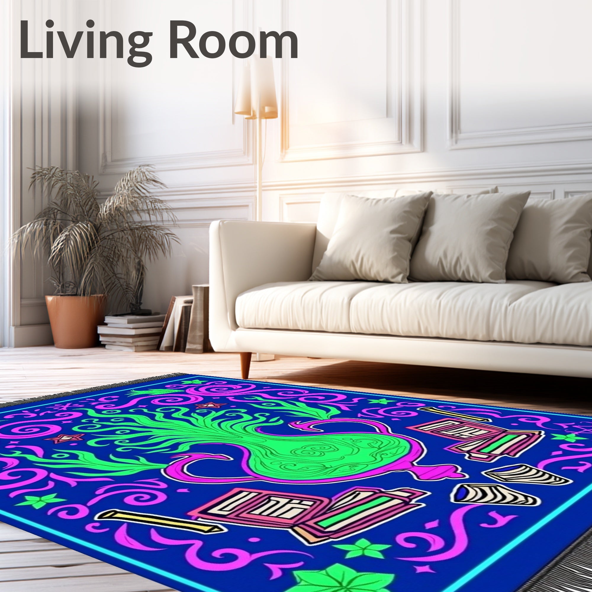 Vibrant Blue Pink Green Floral Vase Rug