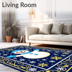 Dark Blue Snowman Snowflake Border Rug