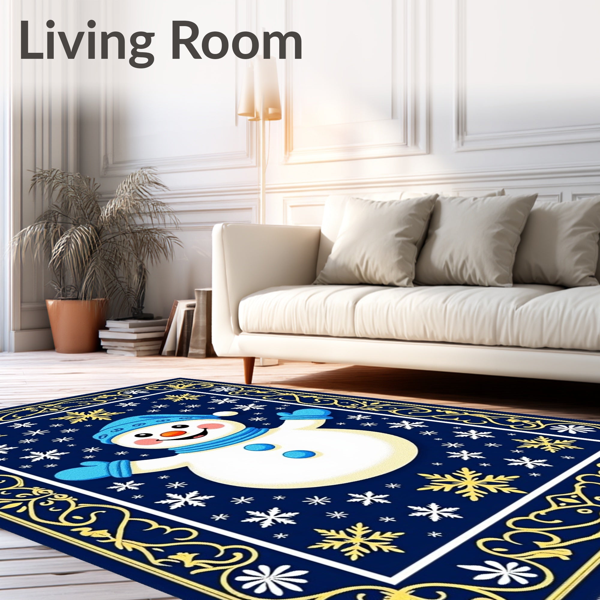 Dark Blue Snowman Snowflake Border Rug