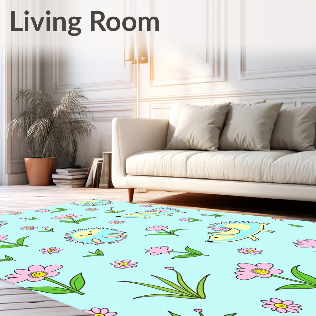 Cute Pink Floral Hedgehog Companions Rug