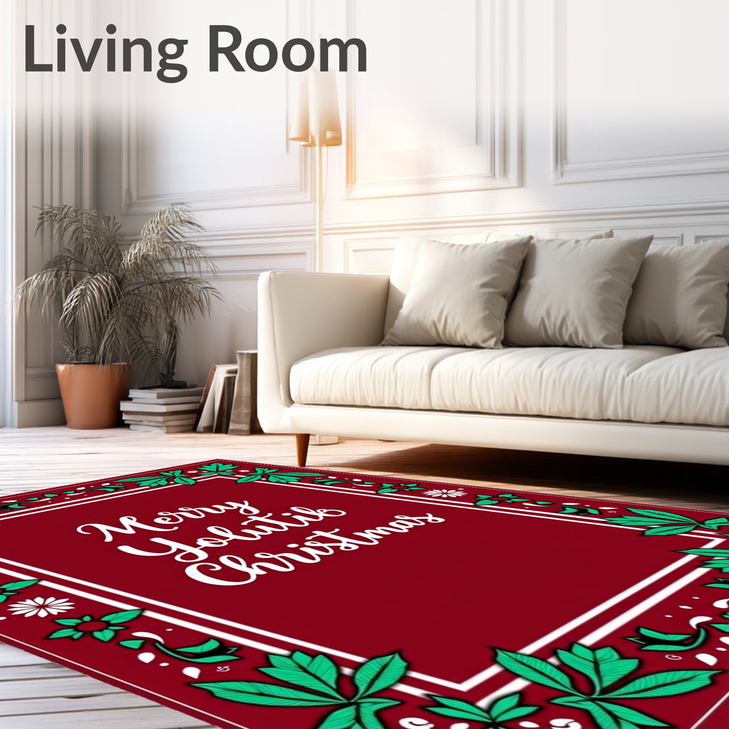 Crimson Holly Leaf Border Christmas Rug