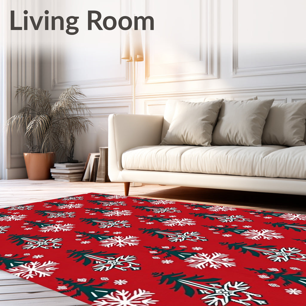 Red White Green Evergreen Snowflake Motif Rug