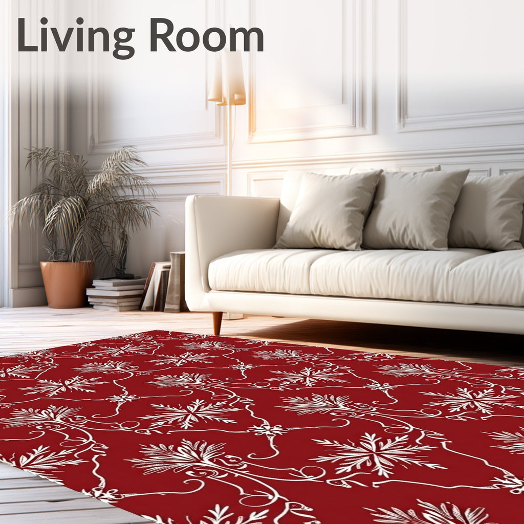 Crimson White Damask Scrollwork Leaf Rug