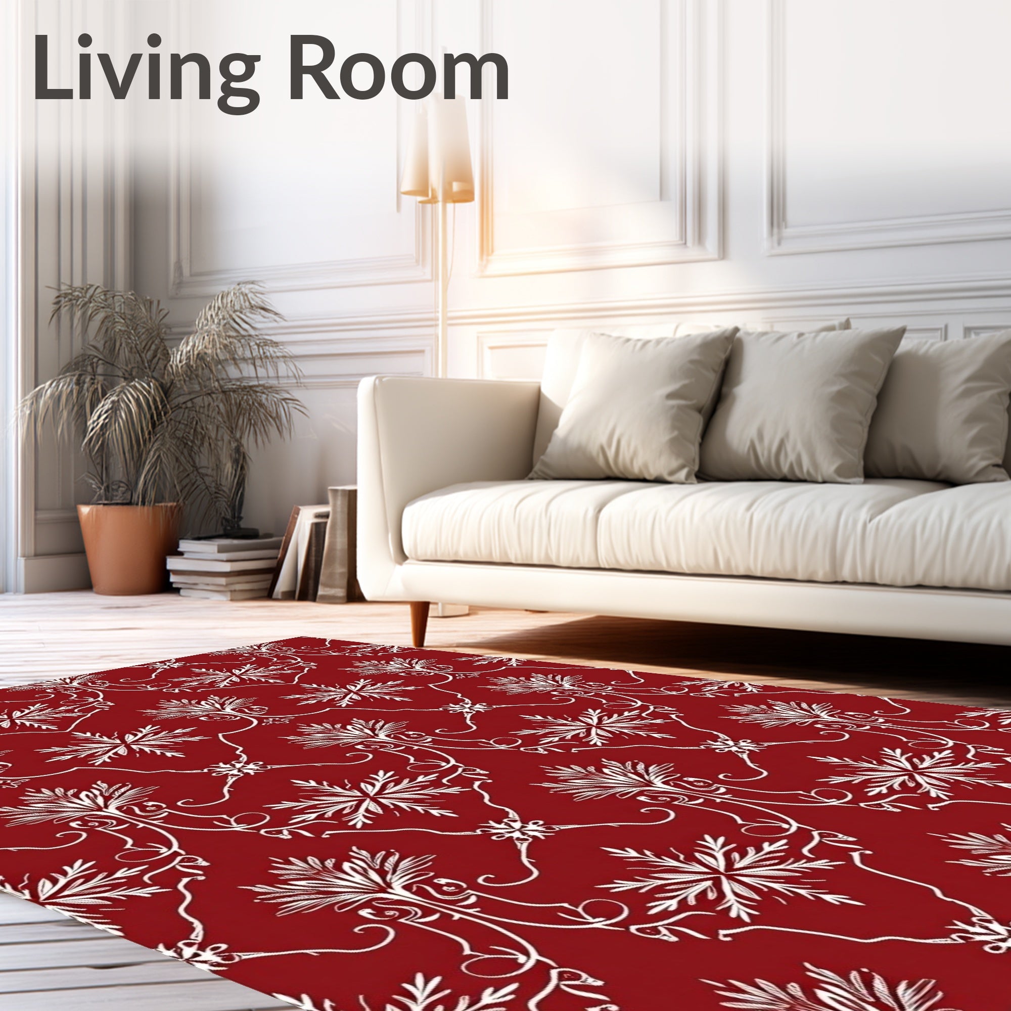 Crimson White Damask Scrollwork Leaf Rug