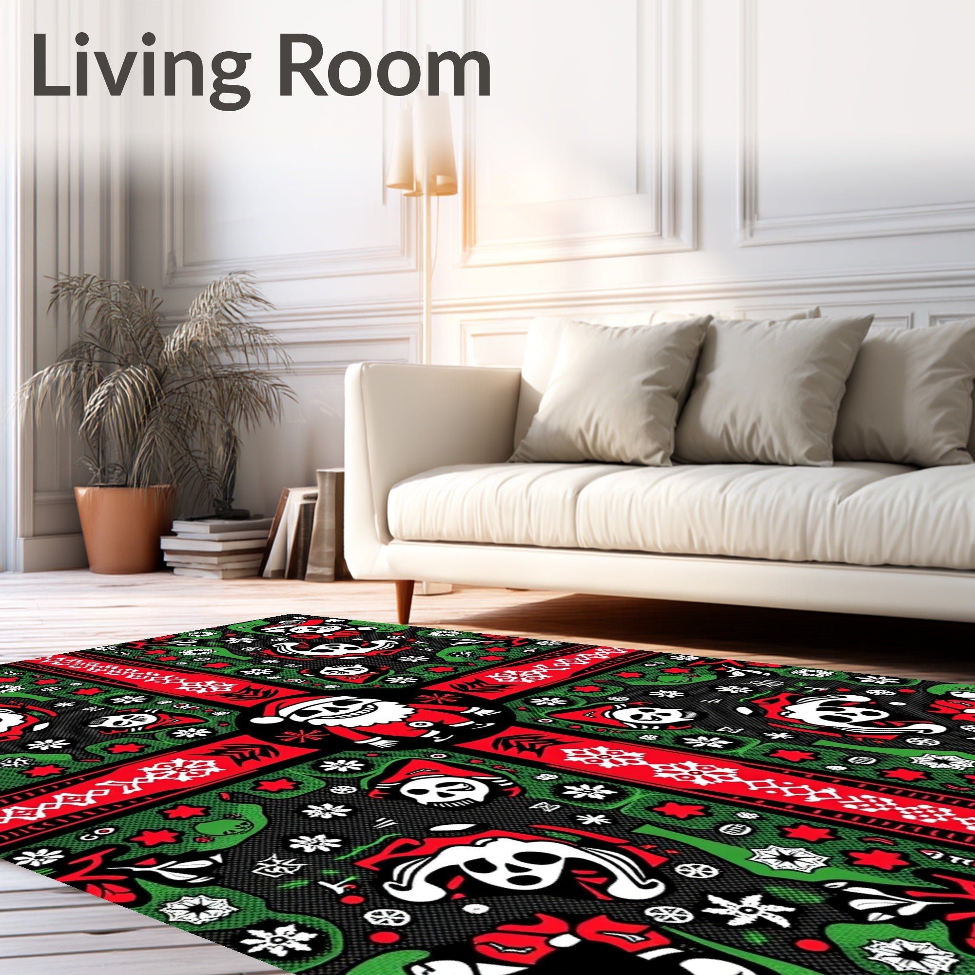 Bold Red Black Holly Skull Santa Rug
