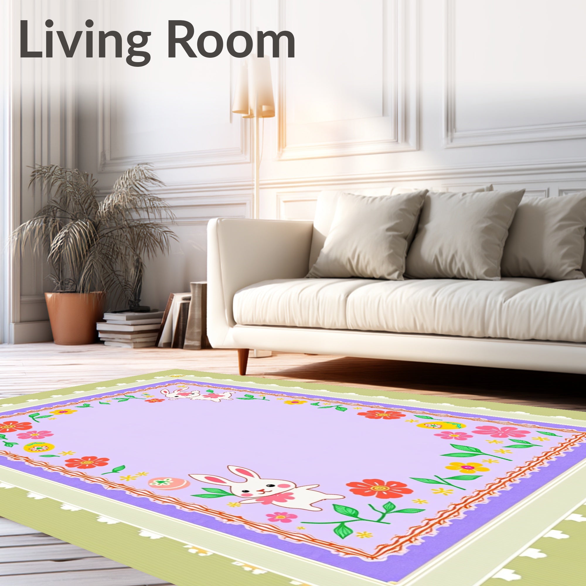 Playful Easter Bunny Blooming Floral Border Rug