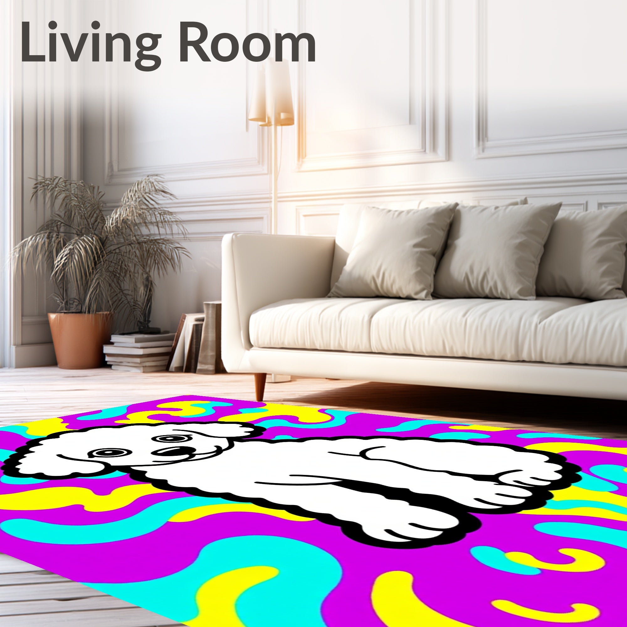 Whimsical White Poodle Psychedelic Swirls Rug