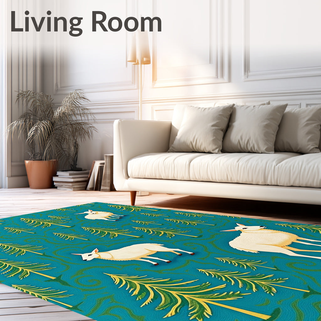Teal Forest Sheep Woodland Scene Rug