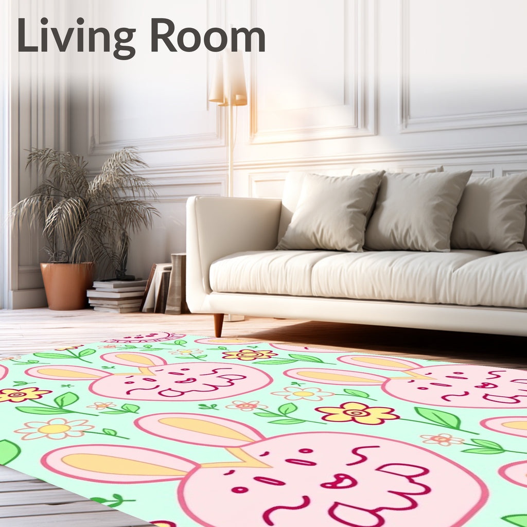 Whimsical Pink Bunny Floral Meadow Rug