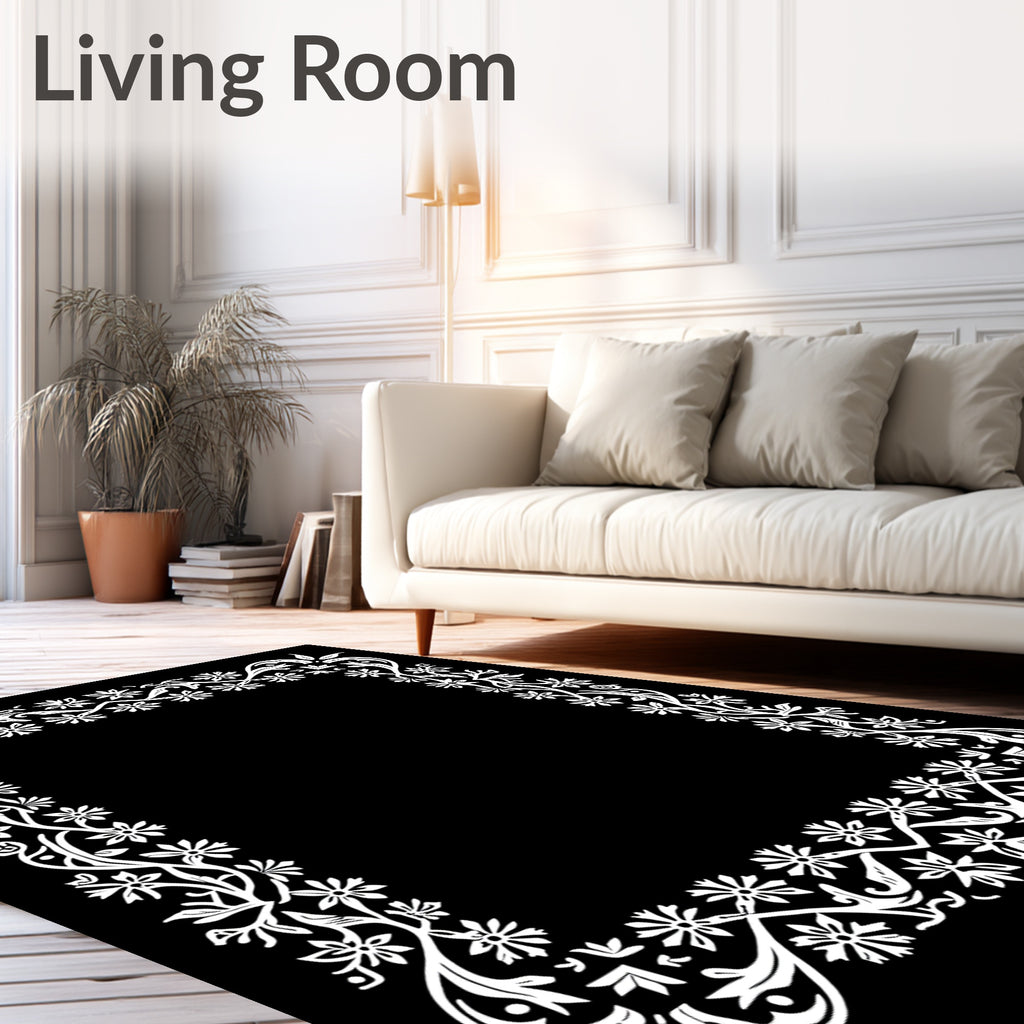 White Floral Vine BorderRug Rug