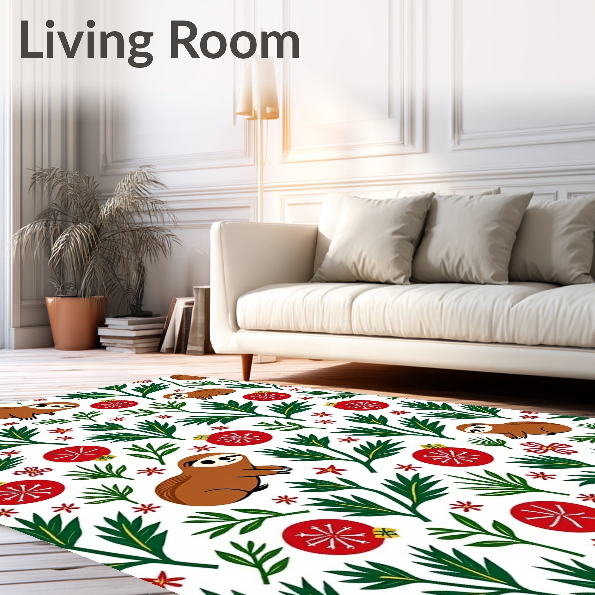 Festive Sloth Christmas Ornament Foliage Rug