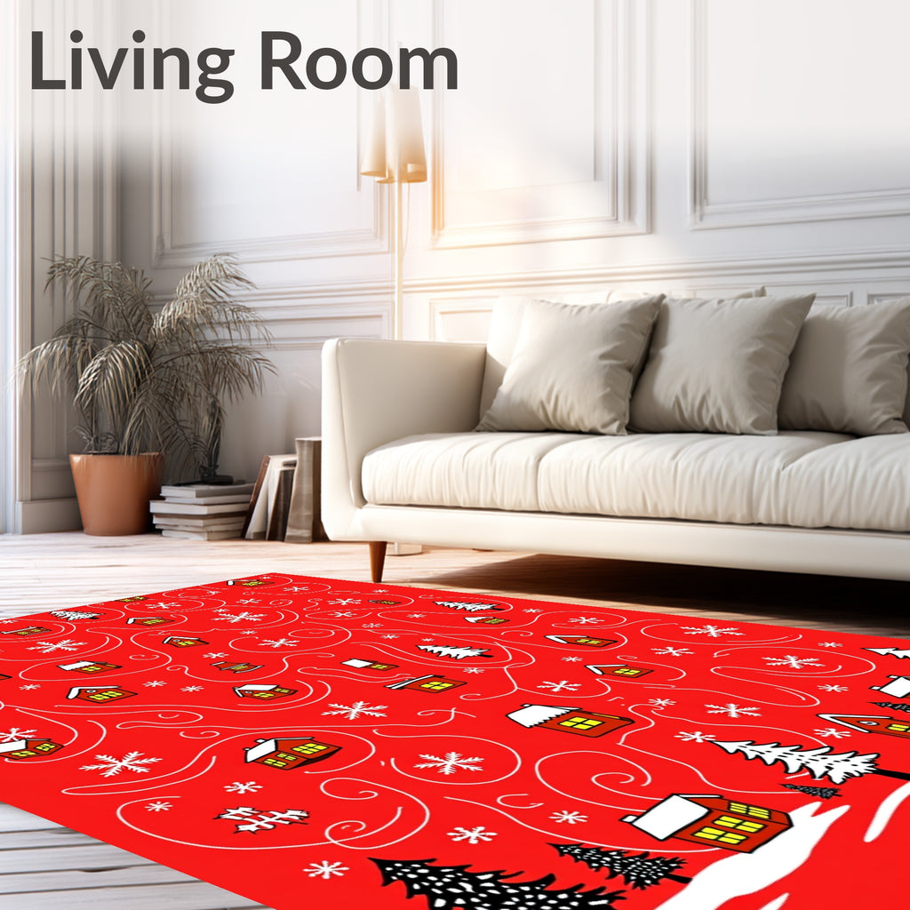 Winter Houses Snowflakes Whimsical Scene Rug