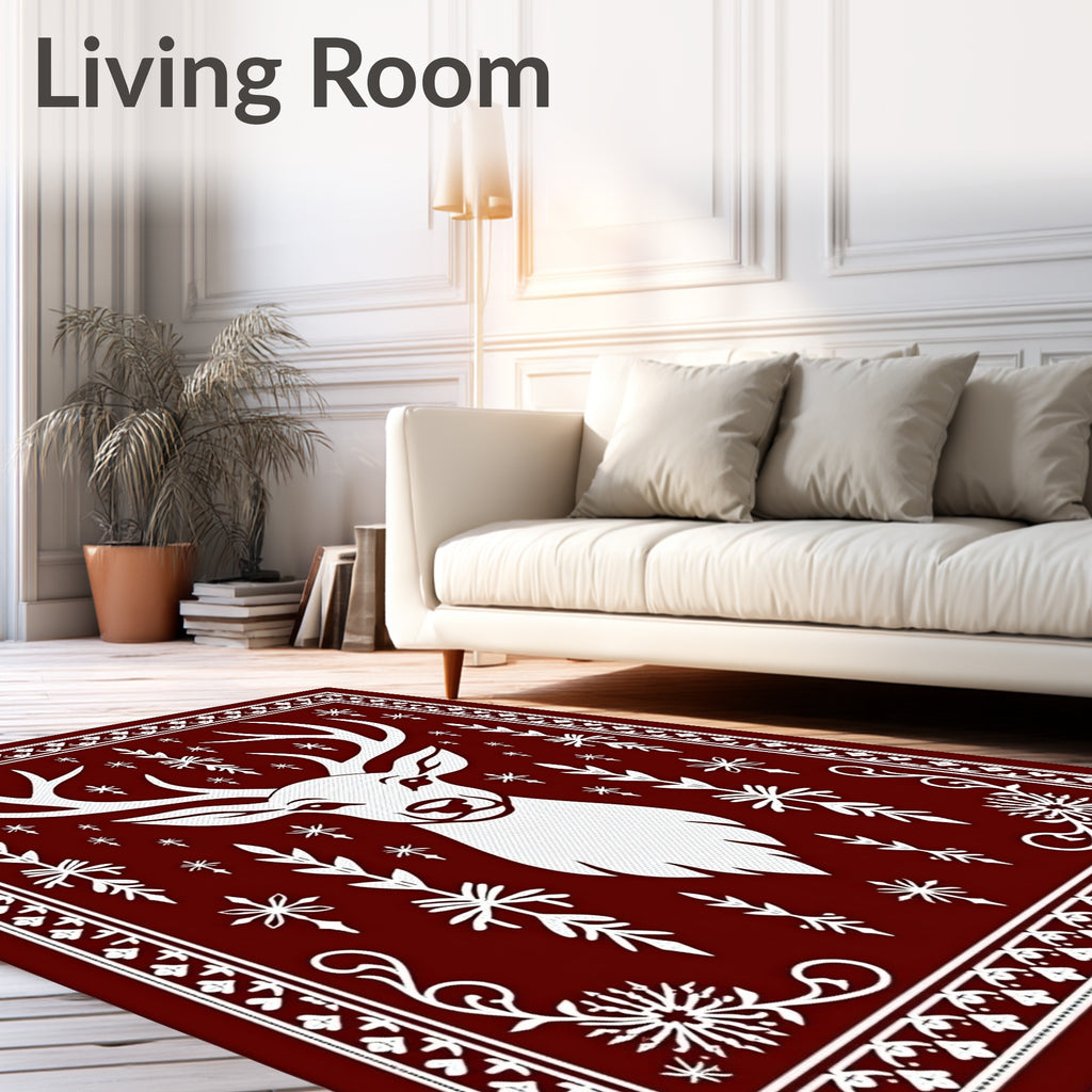 Classic White Antlered Deer Crimson Border Rug