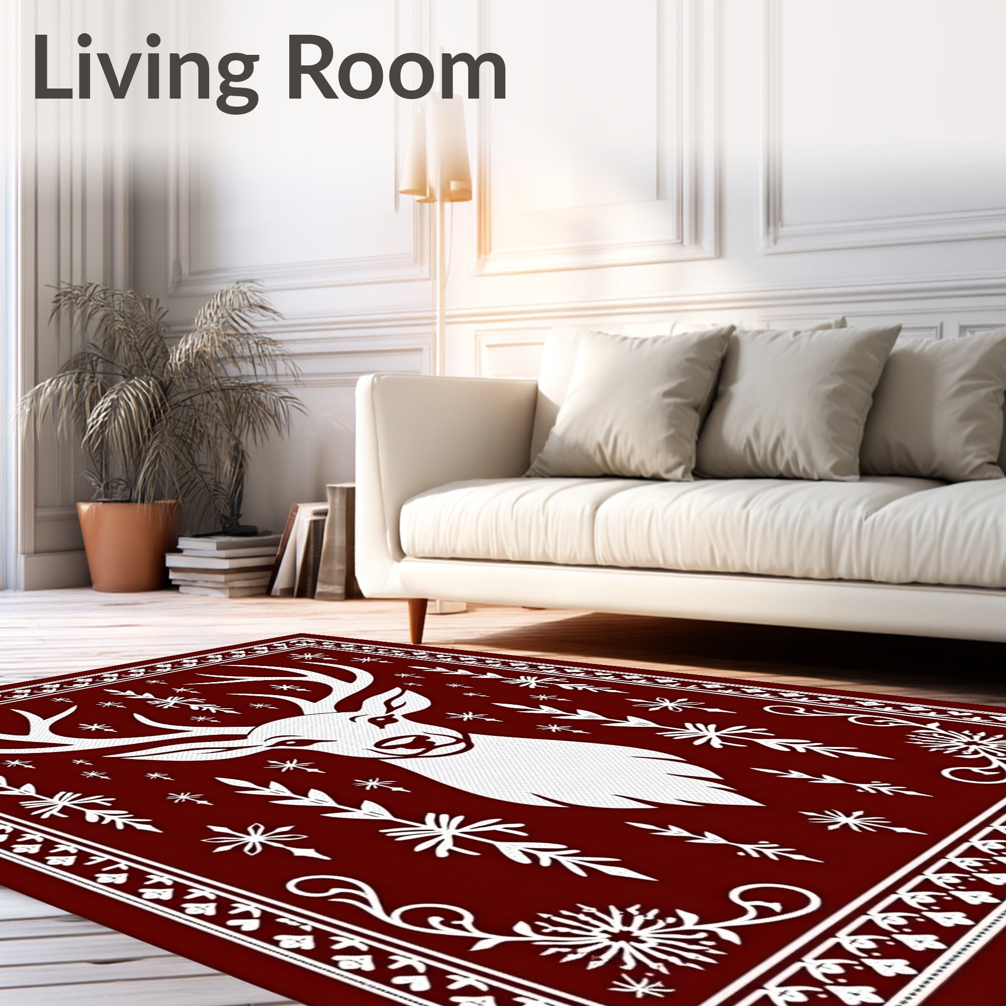 Classic White Antlered Deer Crimson Border Rug