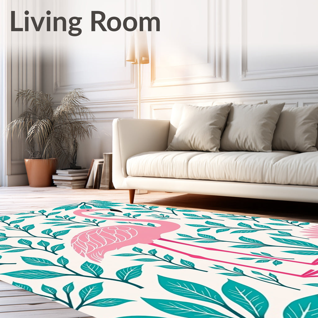 Pink Flamingo Tropical Teal Leaf Rug
