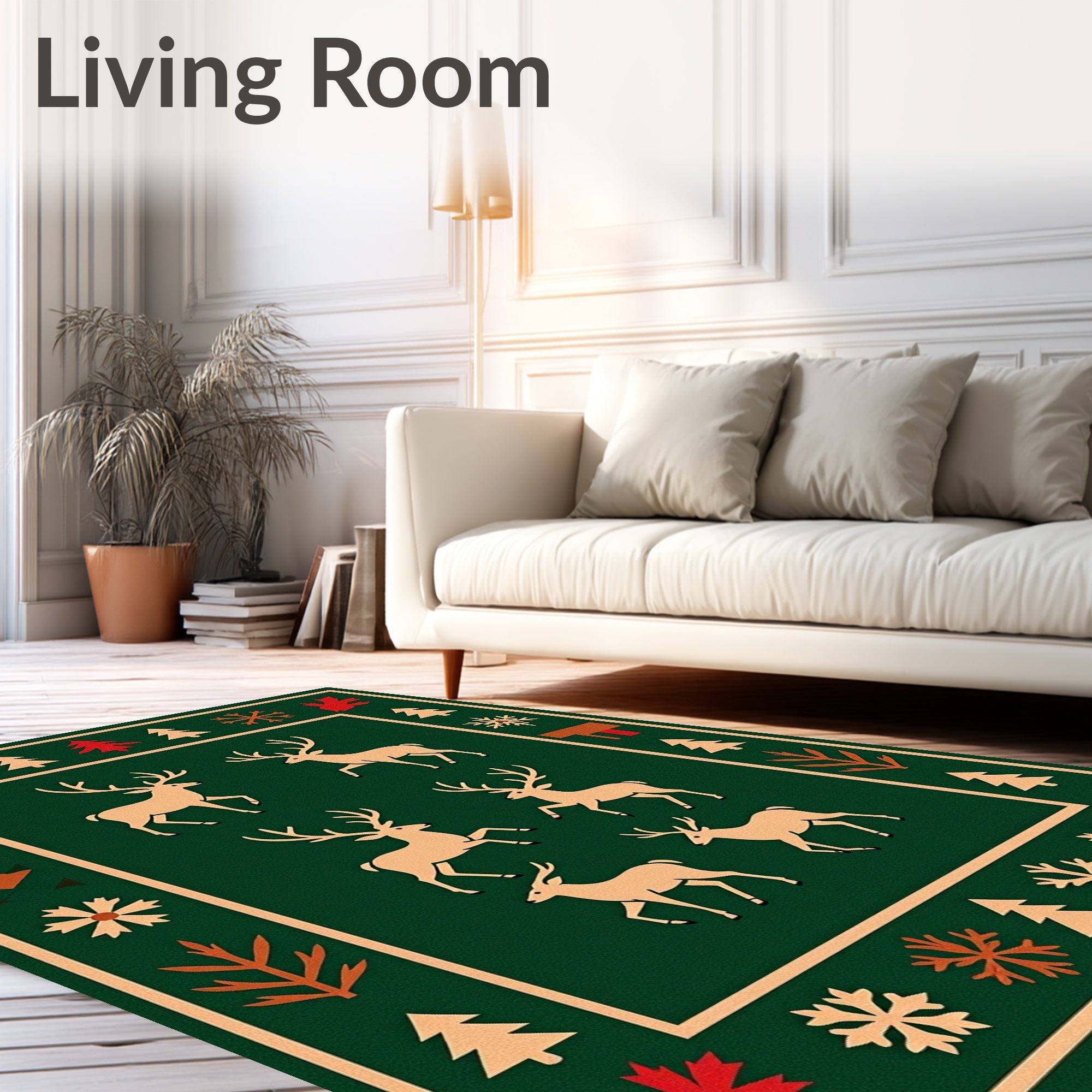 Forest Green Reindeer Snowflake Border Rug