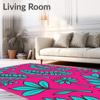Hot Pink Teal Tropical Leaf Flowers Rug